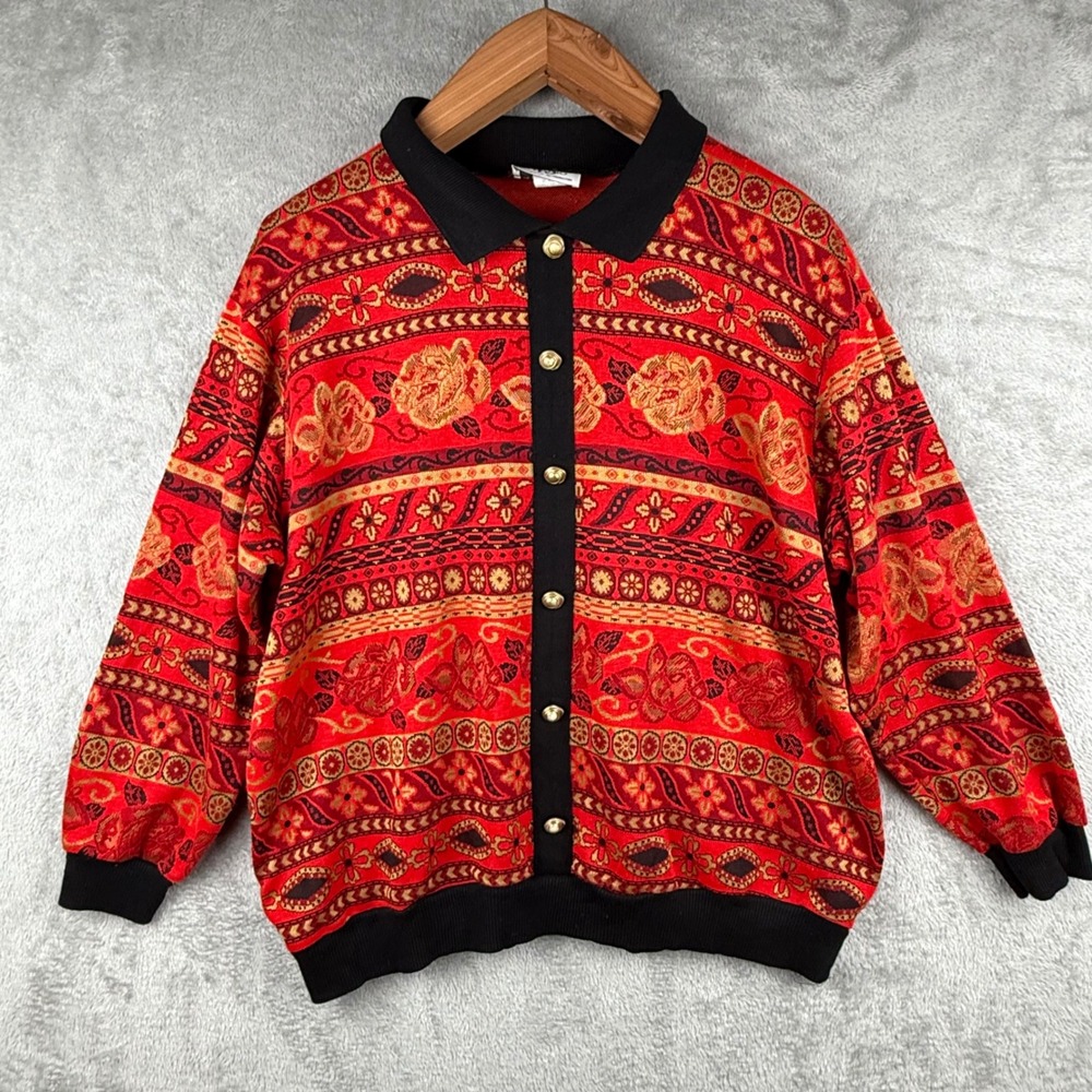 YS Studio Floral Button Up Collared Knit Sweater Women 1X Red Whimsigoth Hip Hop